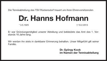Traueranzeige von Hanns Hofmann von Pegnitz-Zeitung